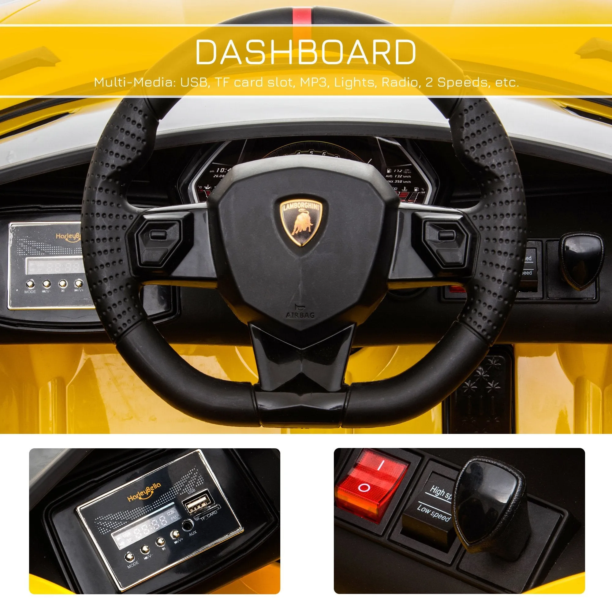 12V Battery-powered Kids Electric Ride On Car Lamborghini Aventador Sports Racing Car Toy with Parental Remote Control Lights Yellow