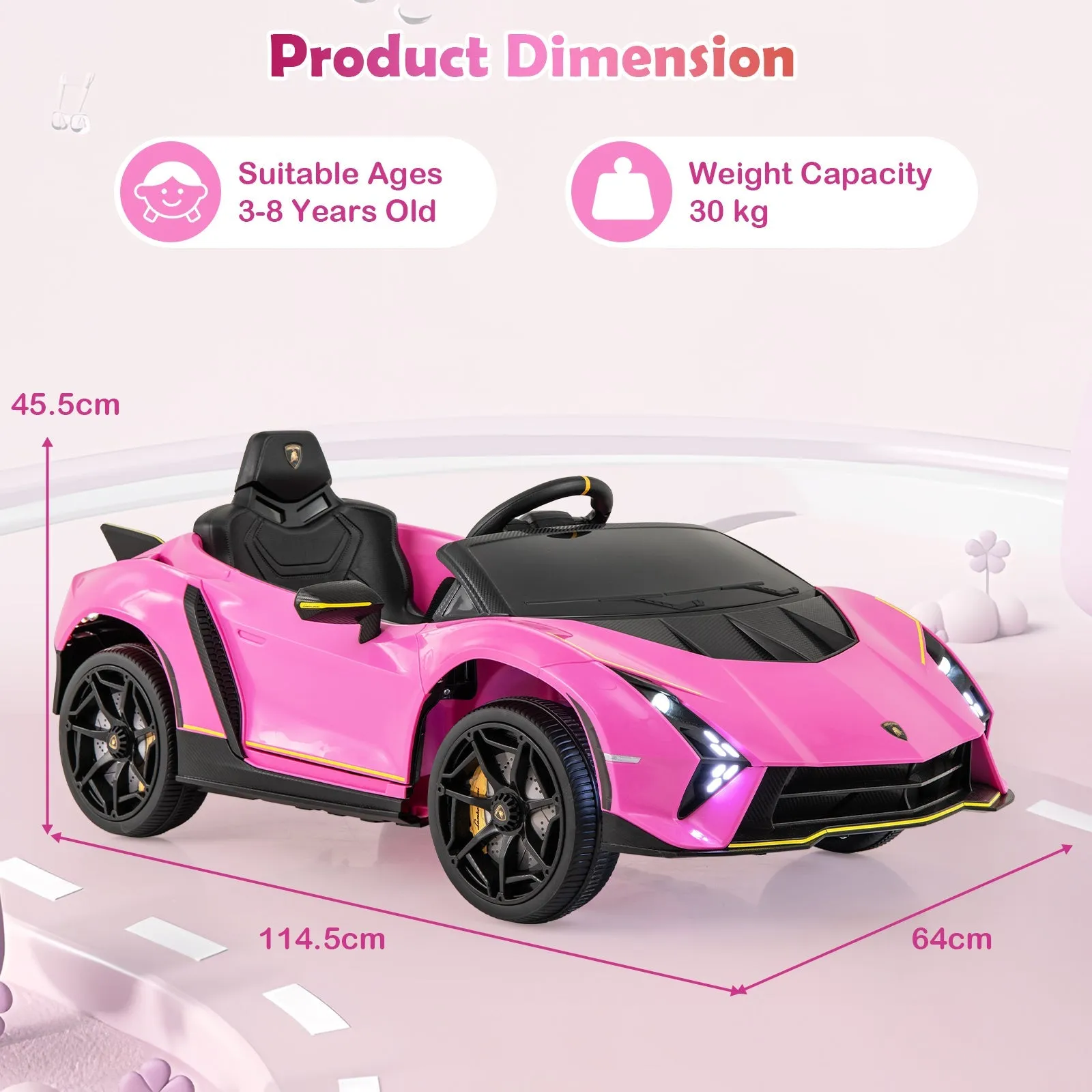 12V Kids Ride on Car 4WD Lamborghini Licensed with 3 Speeds and Music-Pink