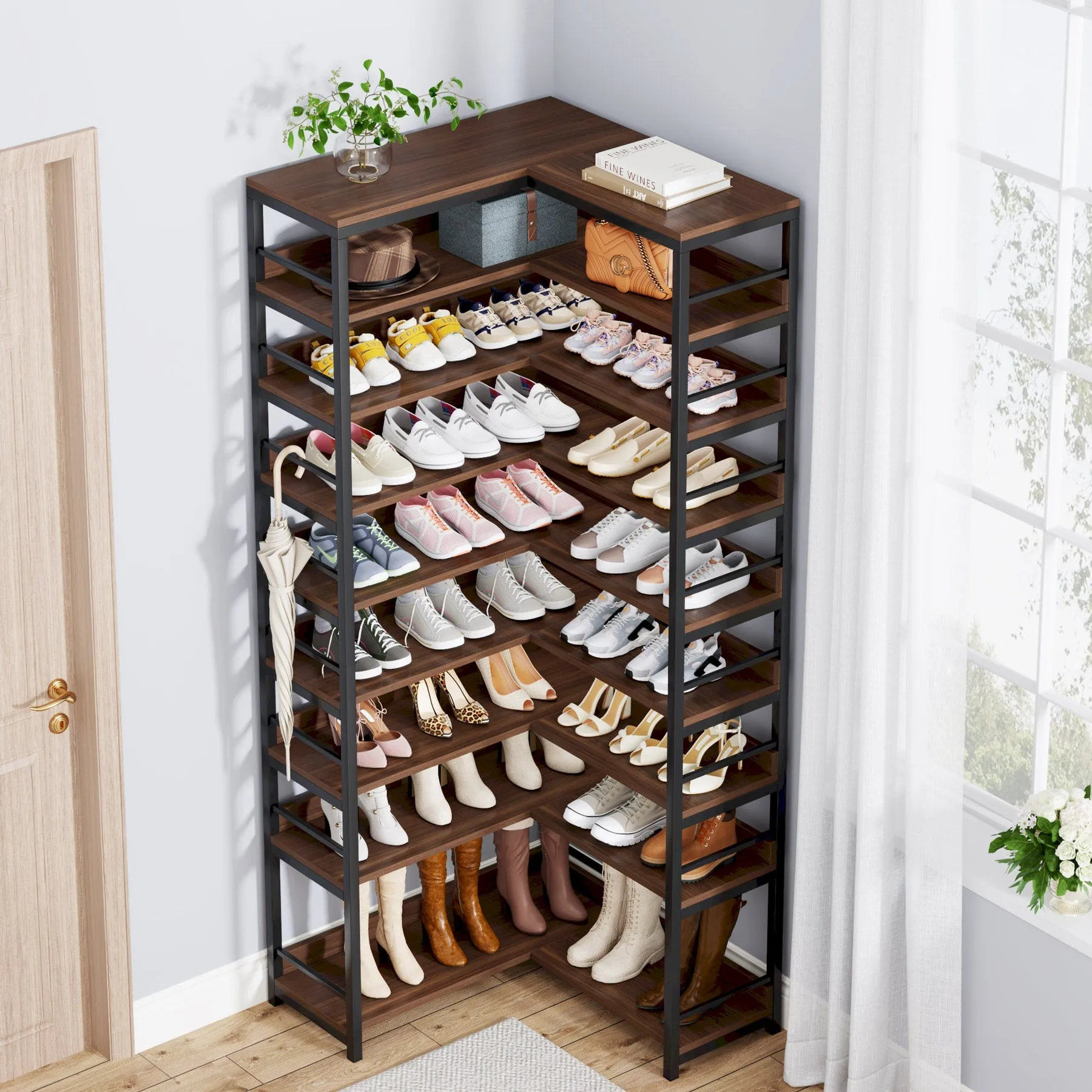 9-Tier Corner Shoe Rack, Freestanding Shoe Storage Shelf