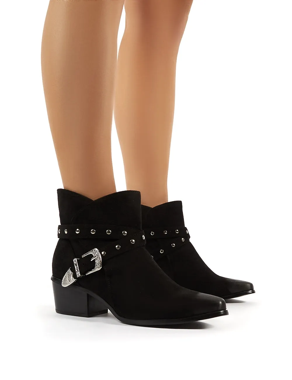 Amber Black Faux Suede Western Ankle Boots