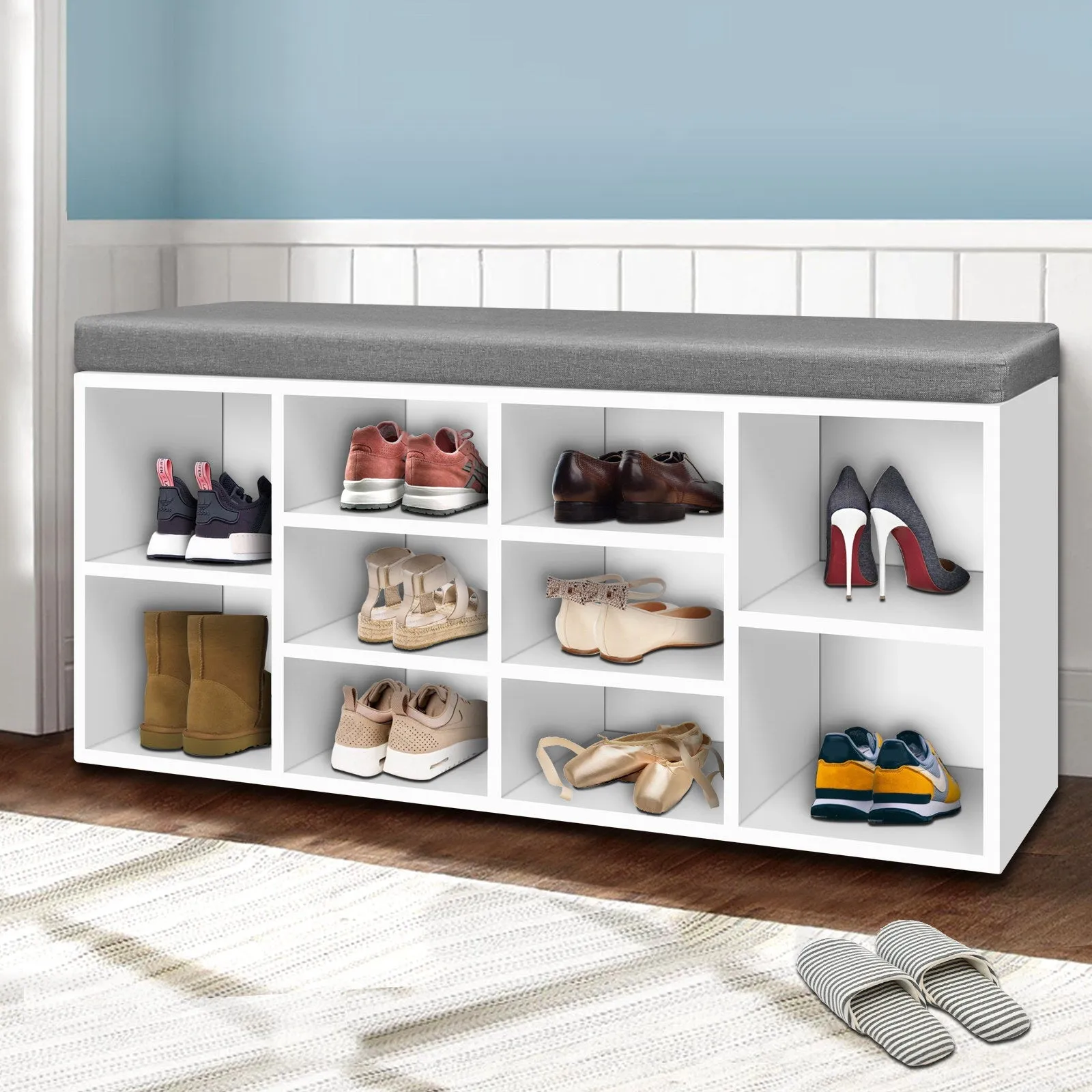 Artiss Fabric Shoe Bench with Storage Cubes - White