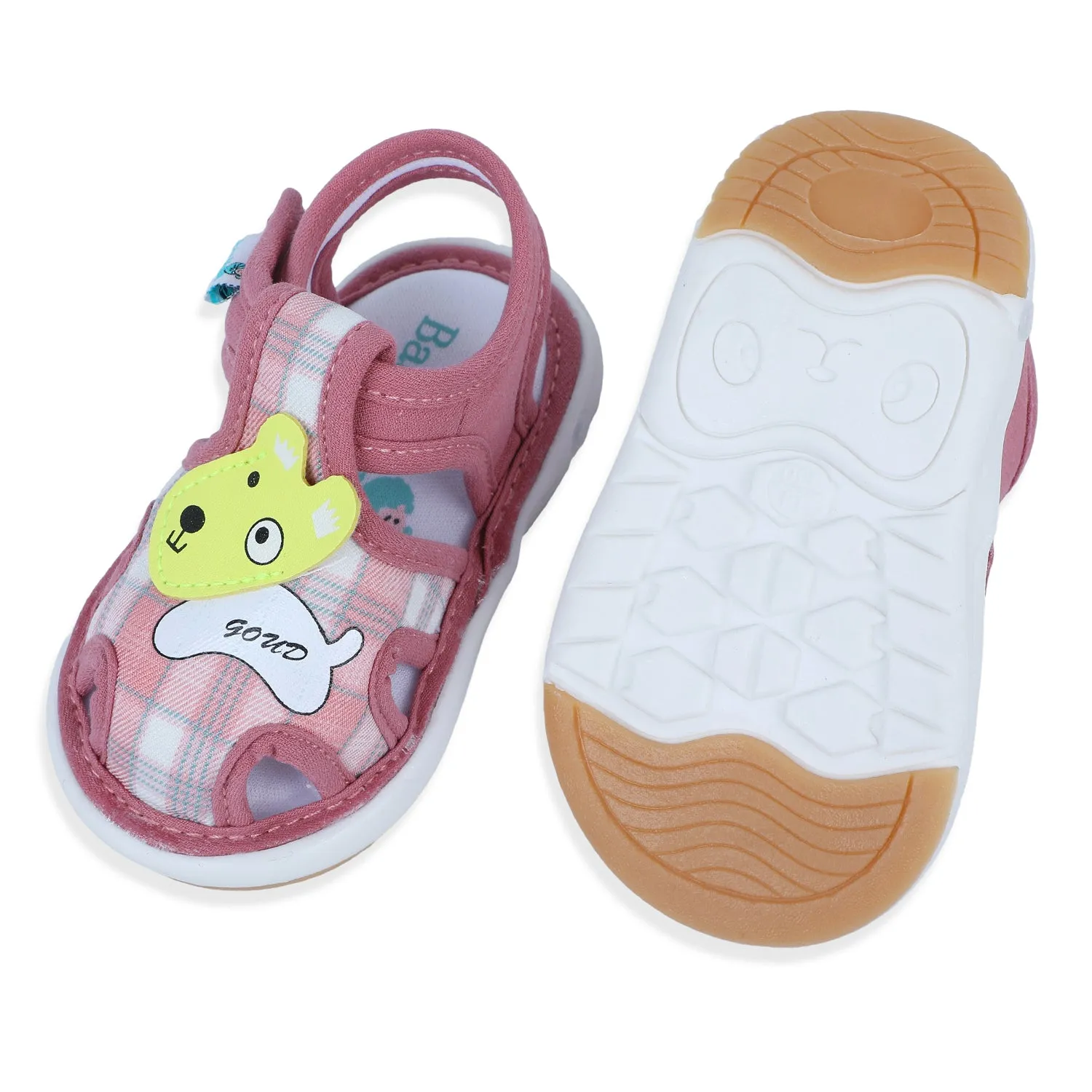 Baby Moo Cute Puppy Checked Chu-Chu Sound Breathable Anti-Skid Sandals - Pink