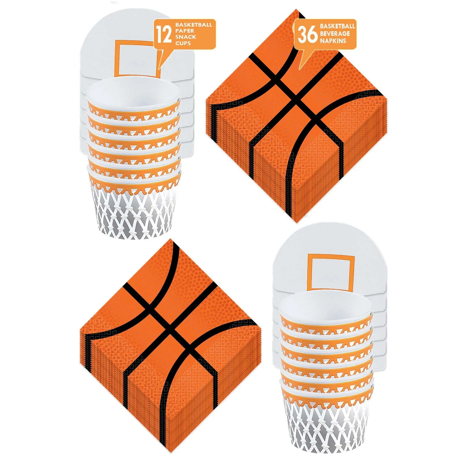 Basketball Party Supplies - Paper Snack Cups and Beverage Napkins For Party Favors and Treats (Serves 12)