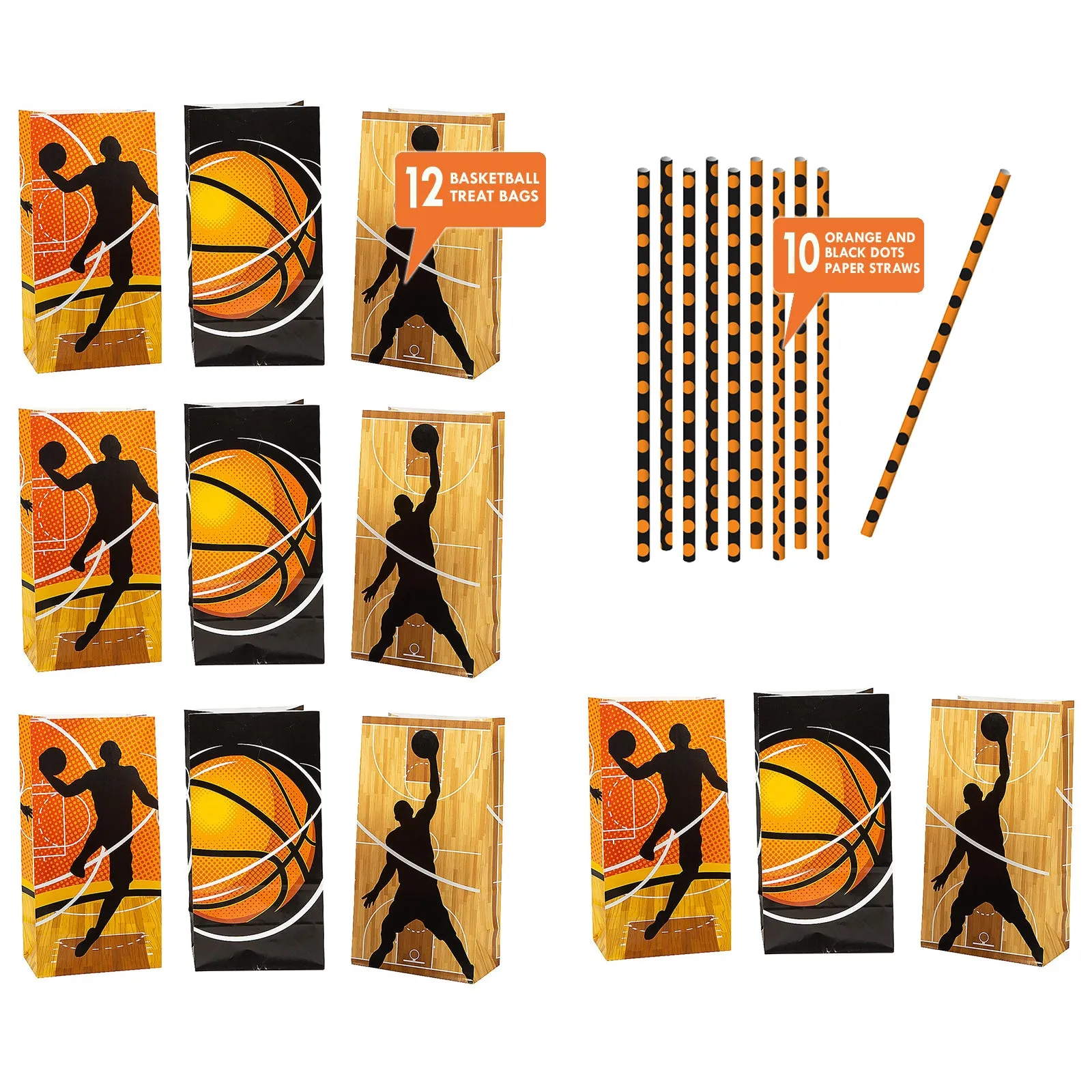 Basketball Party Supplies - Treat Bags with Orange Dot Paper Straws for 12 Guests