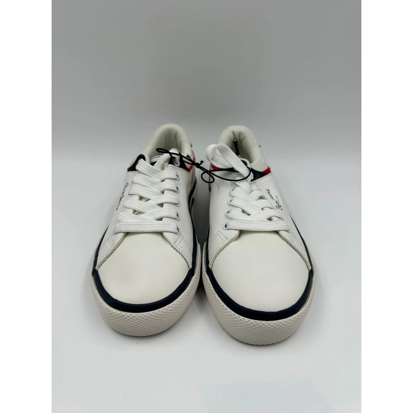 Big Kid Size 1, White  Fashion Sneakers with Blue and Red Accents