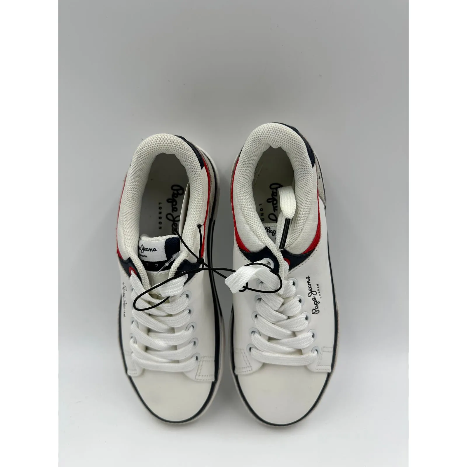 Big Kid Size 1, White  Fashion Sneakers with Blue and Red Accents