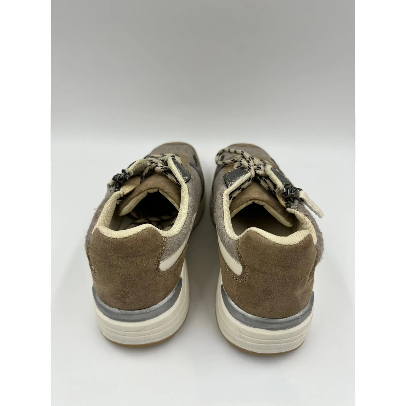 Big Kid Size 4 Brown and Tan Sneakers, with Metal Accents, Felt, Suede and Zip