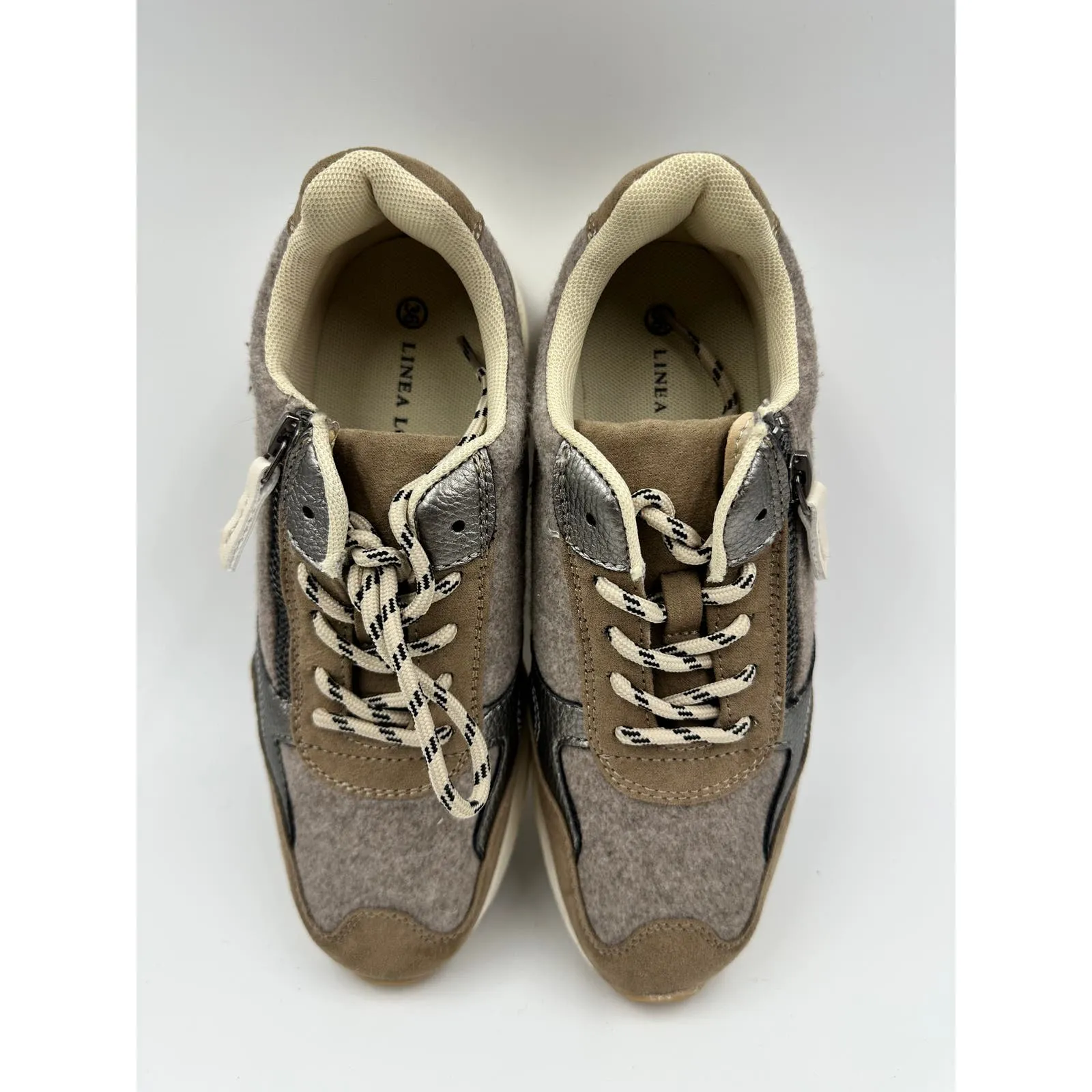 Big Kid Size 4 Brown and Tan Sneakers, with Metal Accents, Felt, Suede and Zip