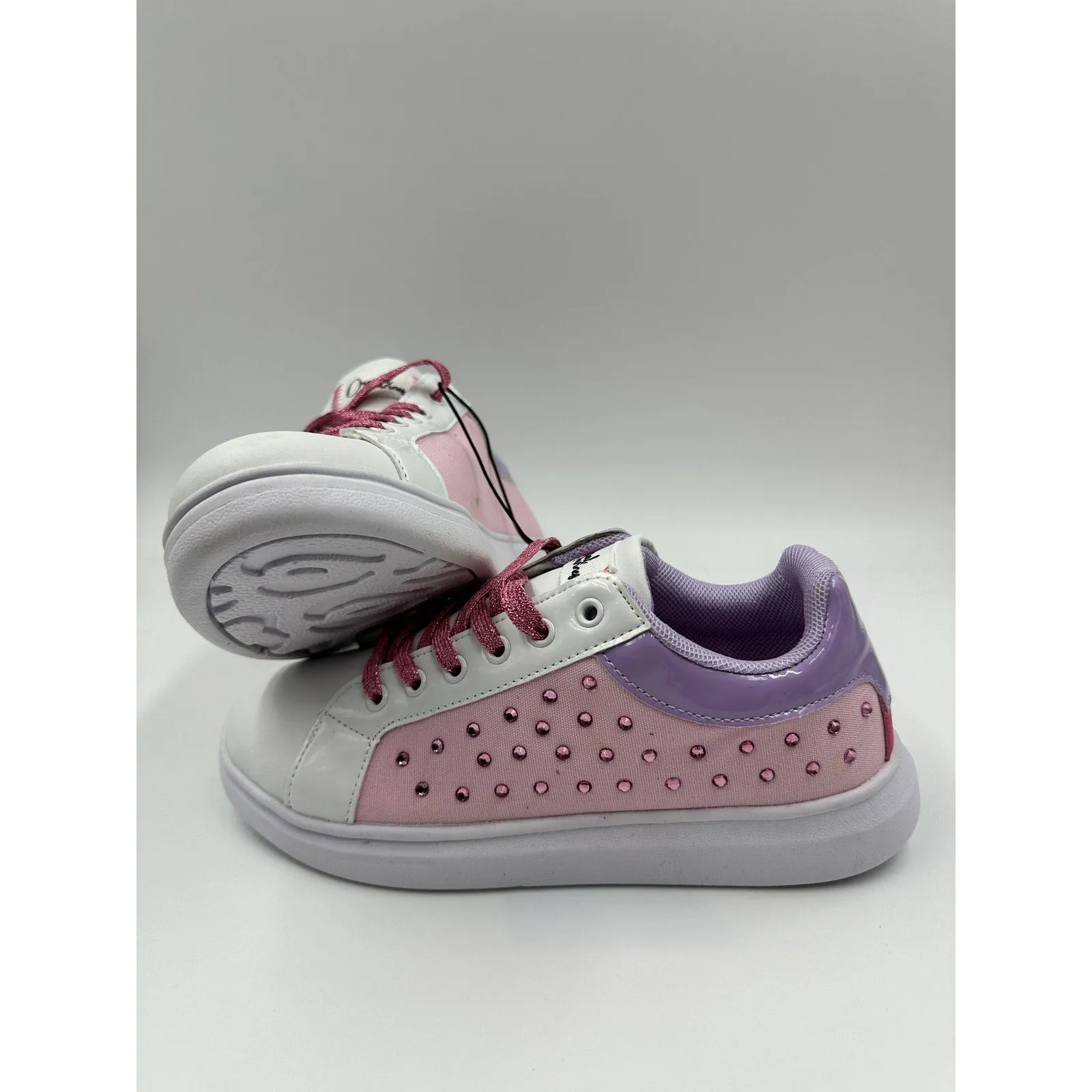 Big Kid Size 4, White, Pink & Purple Fashion Sneakers with Sparkle Laces & Gems