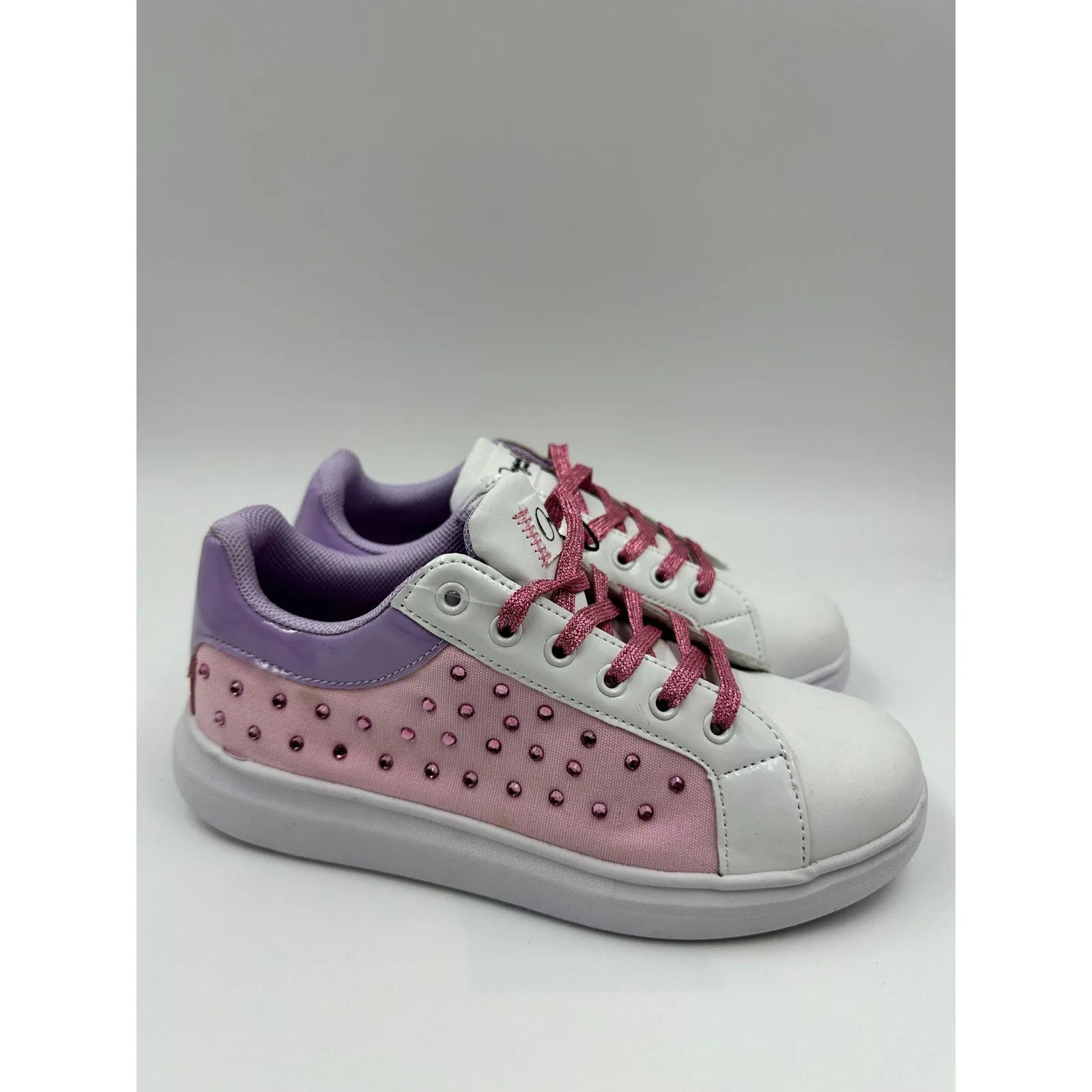 Big Kid Size 4, White, Pink & Purple Fashion Sneakers with Sparkle Laces & Gems