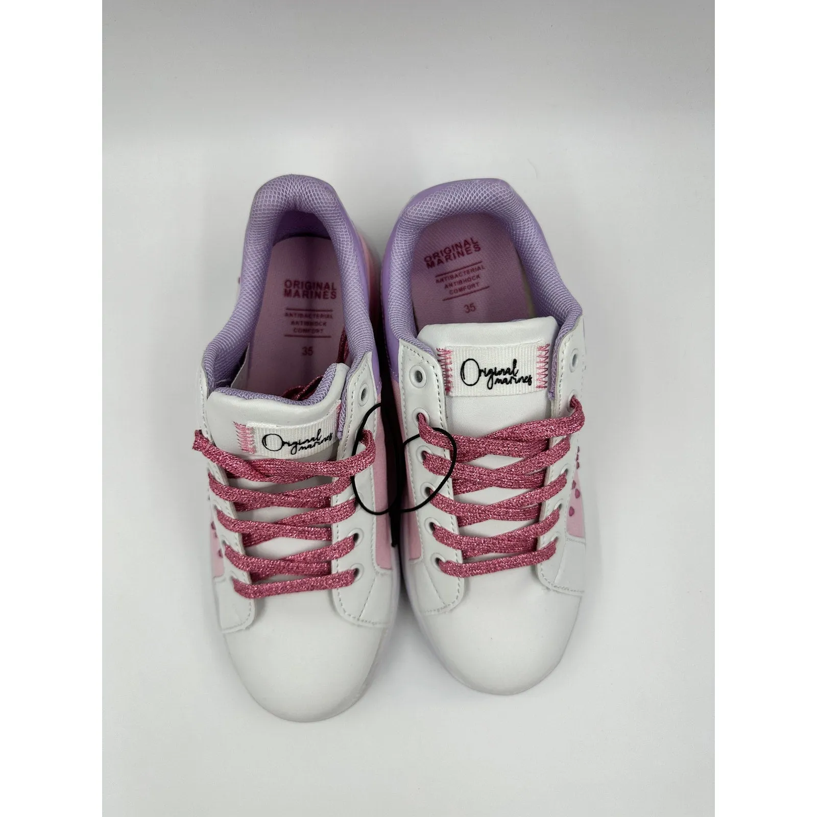 Big Kid Size 4, White, Pink & Purple Fashion Sneakers with Sparkle Laces & Gems