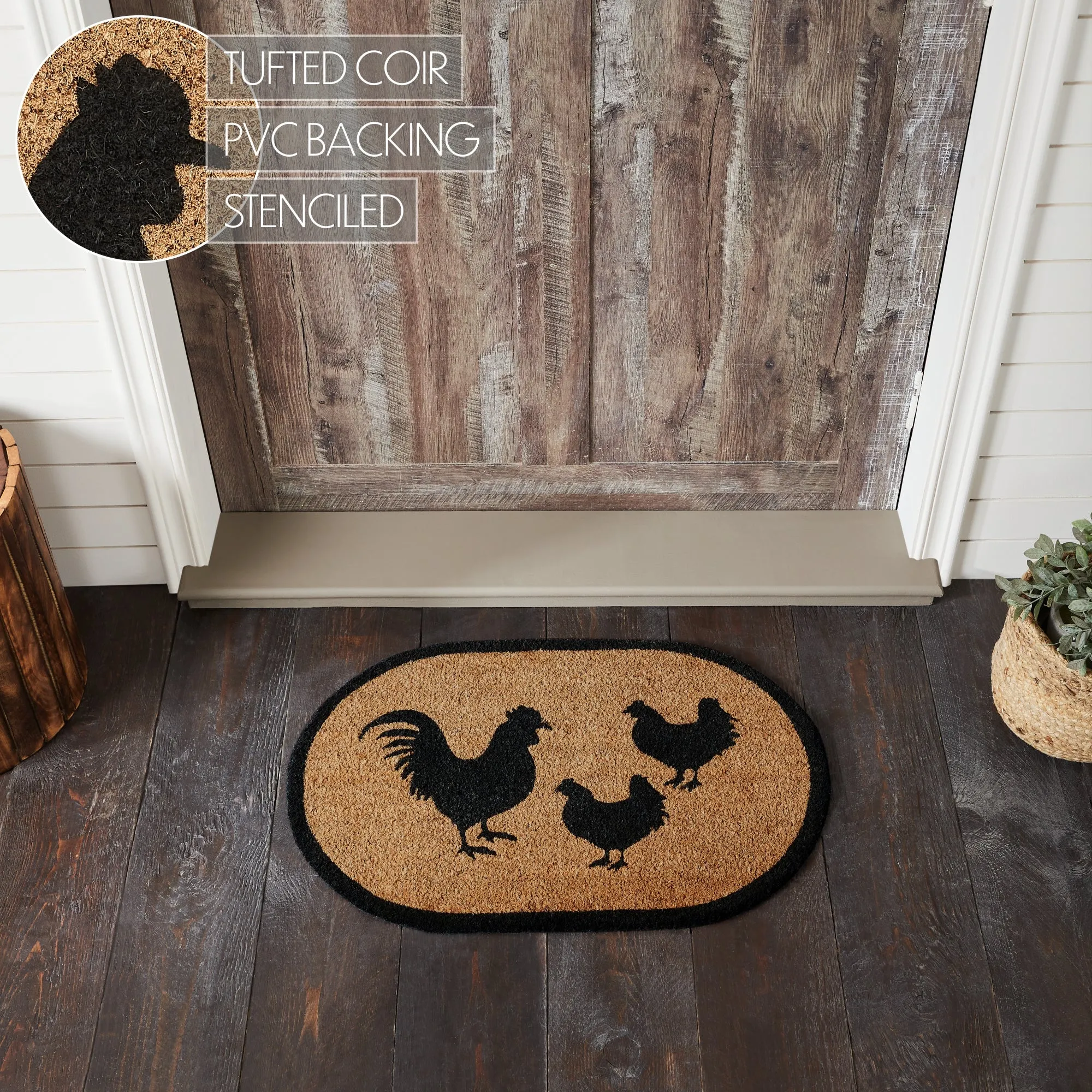 Down Home Rooster & Hens Coir Rug Oval 20x30