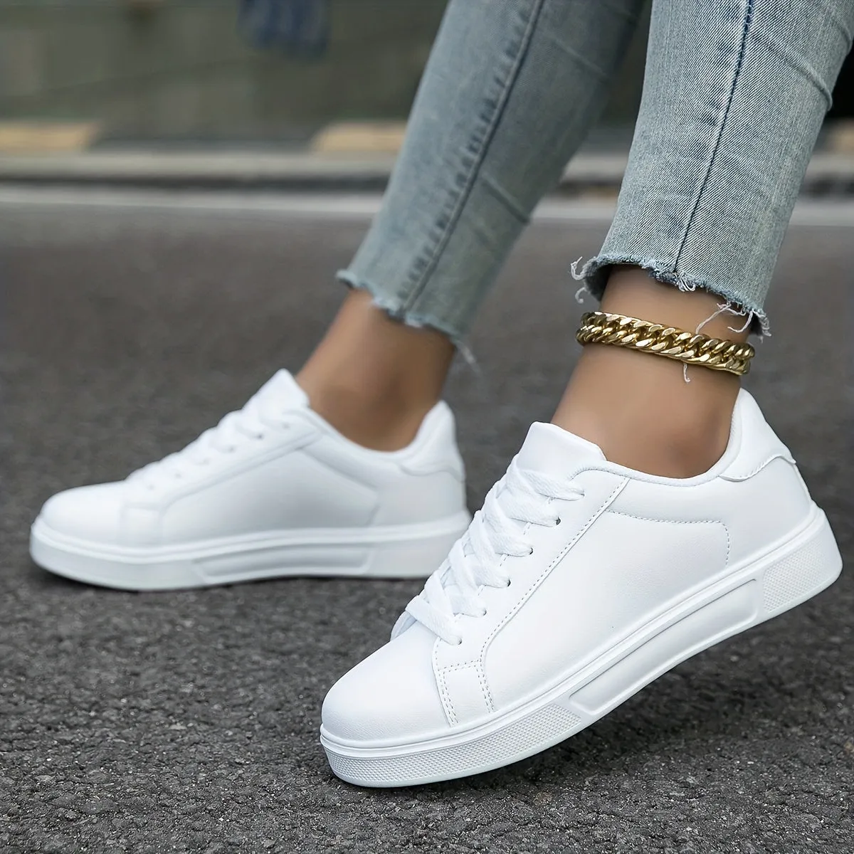 Fall Aesthetic White Faux Leather Soft Bottom Skate Shoes, Flat Wear Resistance Non Slip Preppy School Sneakers, Casual Versatile Lightweight Breathable Lace Up Sport Shoes