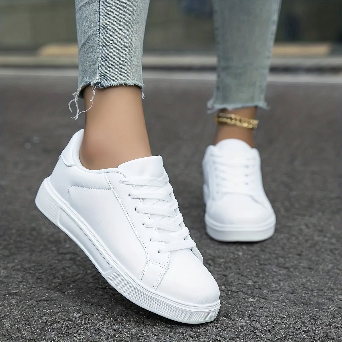 Fall Aesthetic White Faux Leather Soft Bottom Skate Shoes, Flat Wear Resistance Non Slip Preppy School Sneakers, Casual Versatile Lightweight Breathable Lace Up Sport Shoes