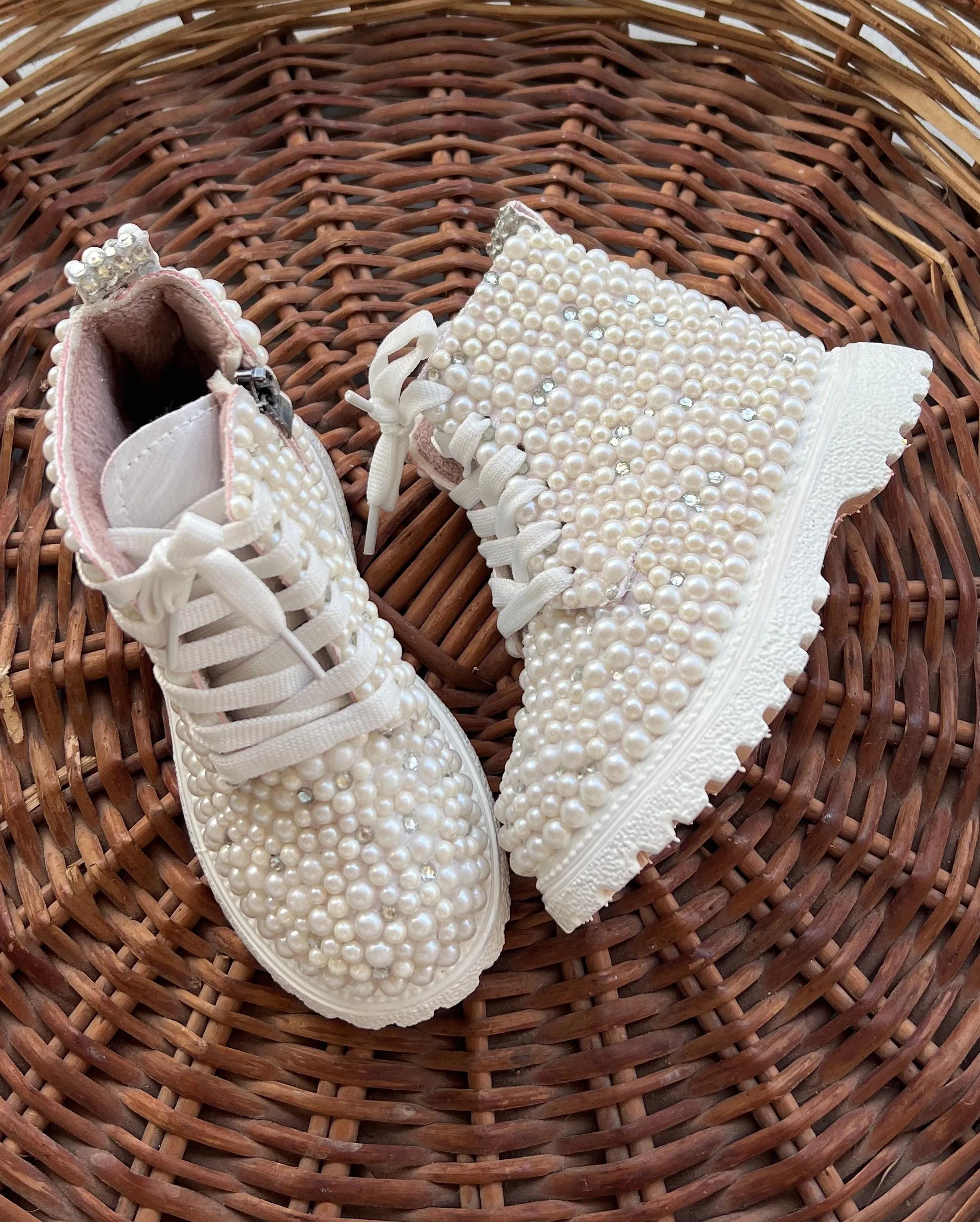 Funky N Trendy white pearl sneakers /kids sneakers/ pearl shoes / kids shoes/ white  sneakers /white shoes for kids/handmade sneakers for kids/ shoes for baby girl / baby boy first birthday/ birthday shoes for kids