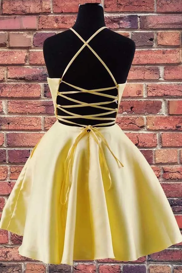 Halter Embroidered Yellow Satin Homecoming Dress with Pockets PD324