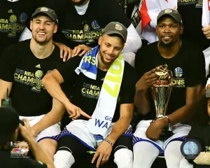 Klay Thompson, Stephen Curry, Kevin Durant celebrate winning Game 5 of the 2017 NBA Finals