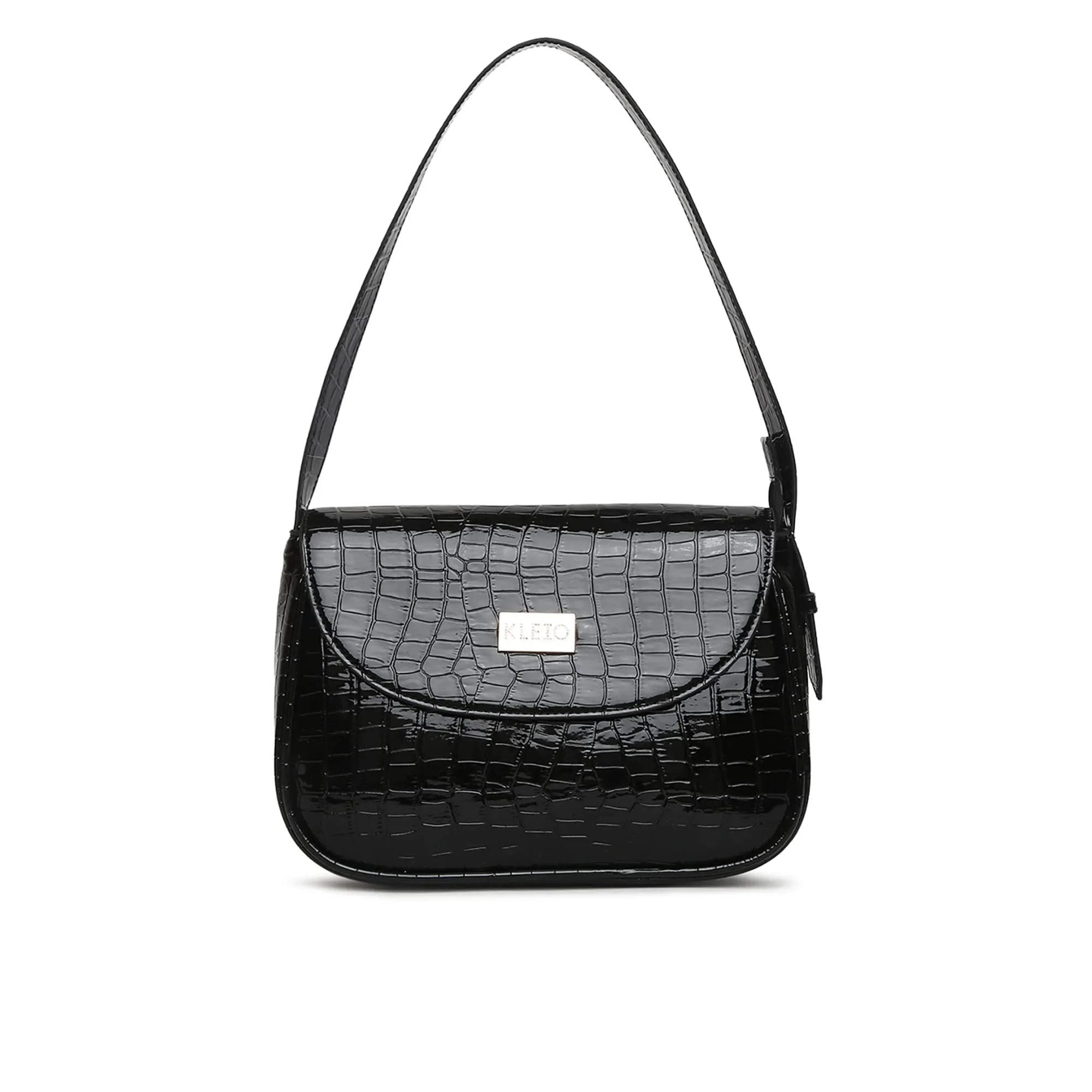 KLEIO Croco Textured Vegan Leather Shoulder Side Sling Saddle Bag for Women/Ladies (HO8076KL-BL) (Black)