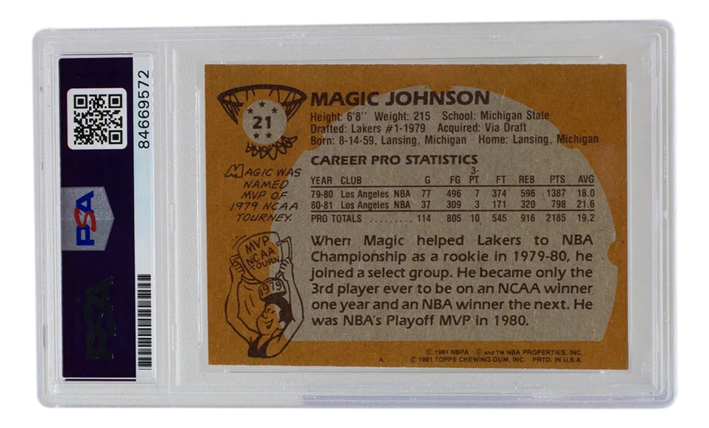 Magic Johnson Signed LA Lakers 1981 Topps Basketball Card #21 PSA/DNA Auto 10