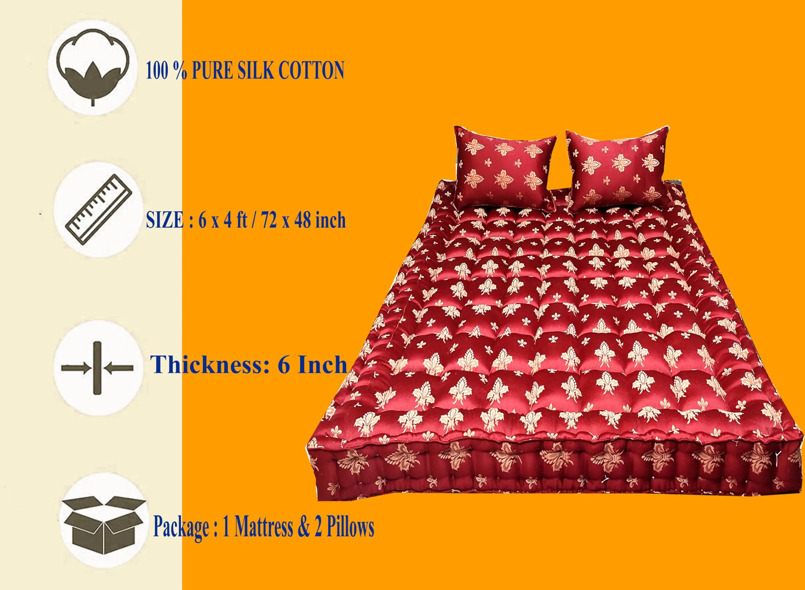 Ozone Mattress Organic Kapok Silk Cotton Ilavam Panju Double Cot Bed Mattress,6 x 4 ft / 72 x 48 x 6 inch,Multicolour.