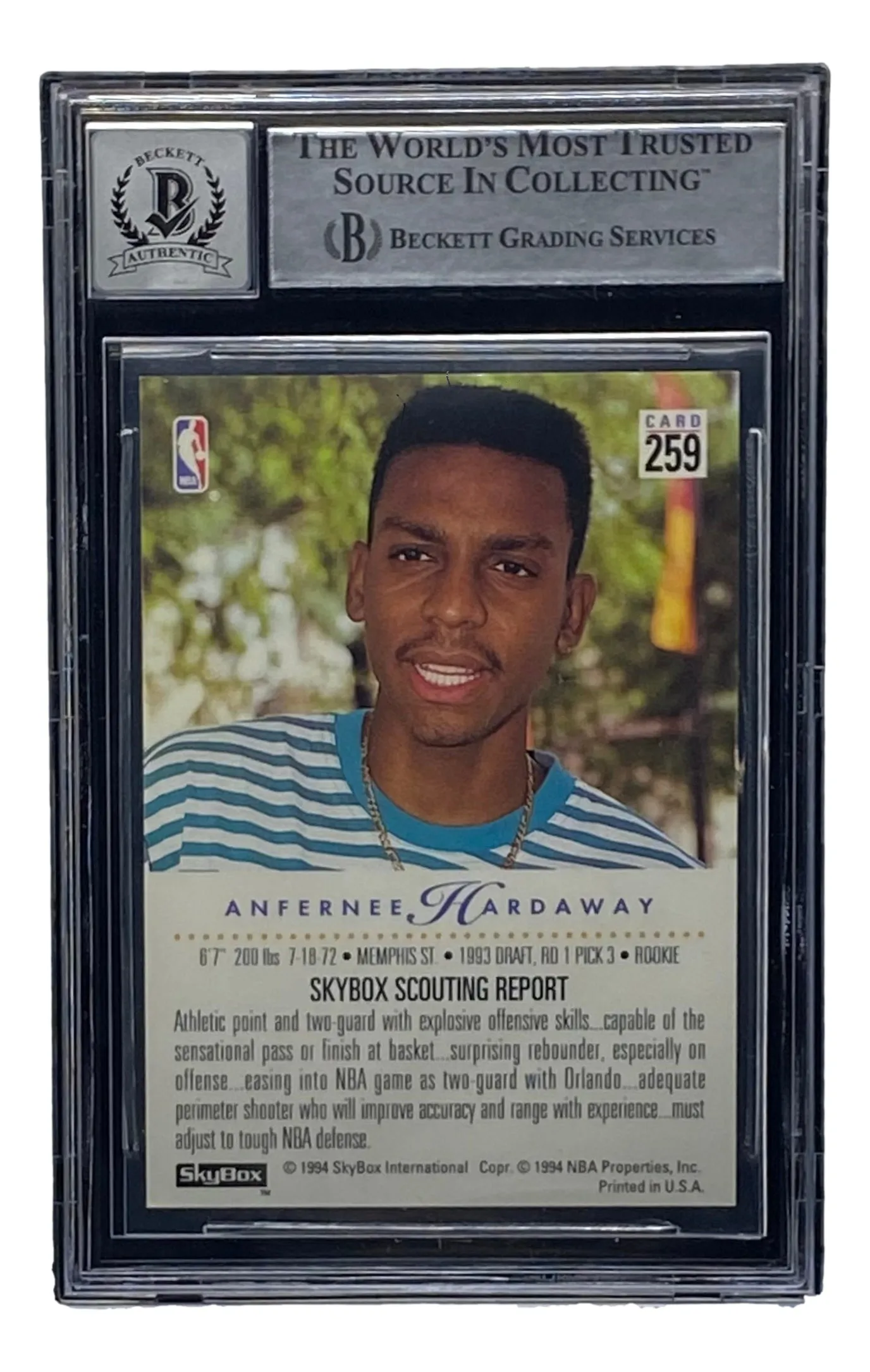 Penny Hardaway Signed Slabbed Magic 1993-94 SkyBox Premium #259 BAS Grade 10