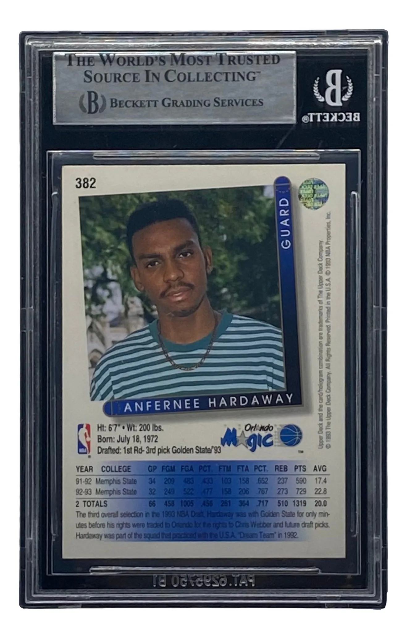 Penny Hardaway Signed Slabbed Orlando Magic 1993-94 Upper Deck #382 BAS