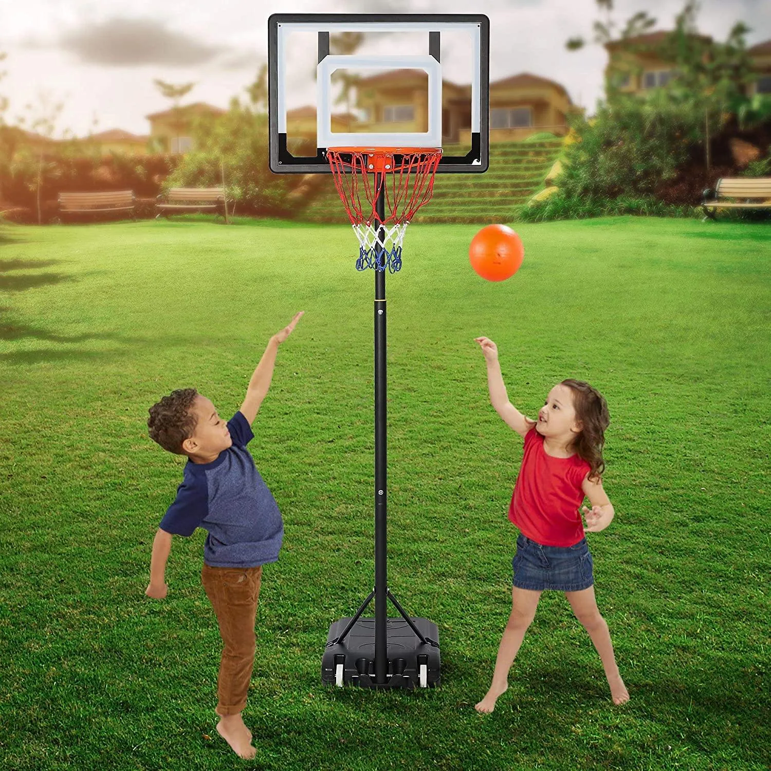 Portable Basketball Hoop Backboard System Stand Outdoor Sports Equipment Height Adjustable 5Ft-6.8Ft with Wheels for Kids