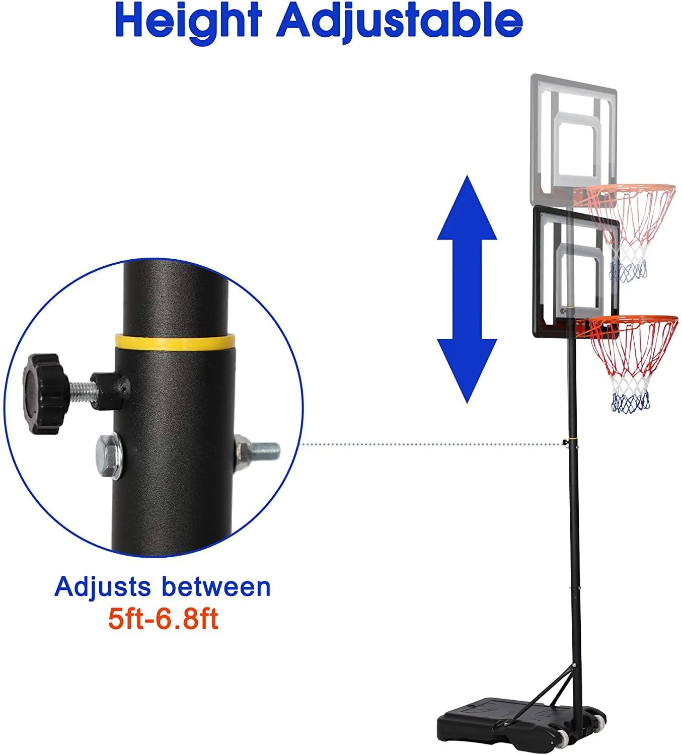 Portable Basketball Hoop Backboard System Stand Outdoor Sports Equipment Height Adjustable 5Ft-6.8Ft with Wheels for Kids