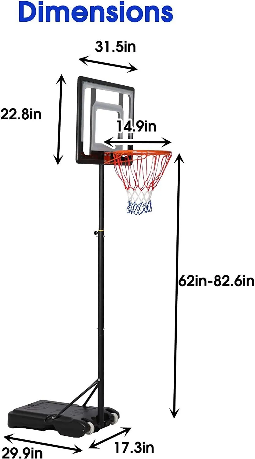 Portable Basketball Hoop Backboard System Stand Outdoor Sports Equipment Height Adjustable 5Ft-6.8Ft with Wheels for Kids