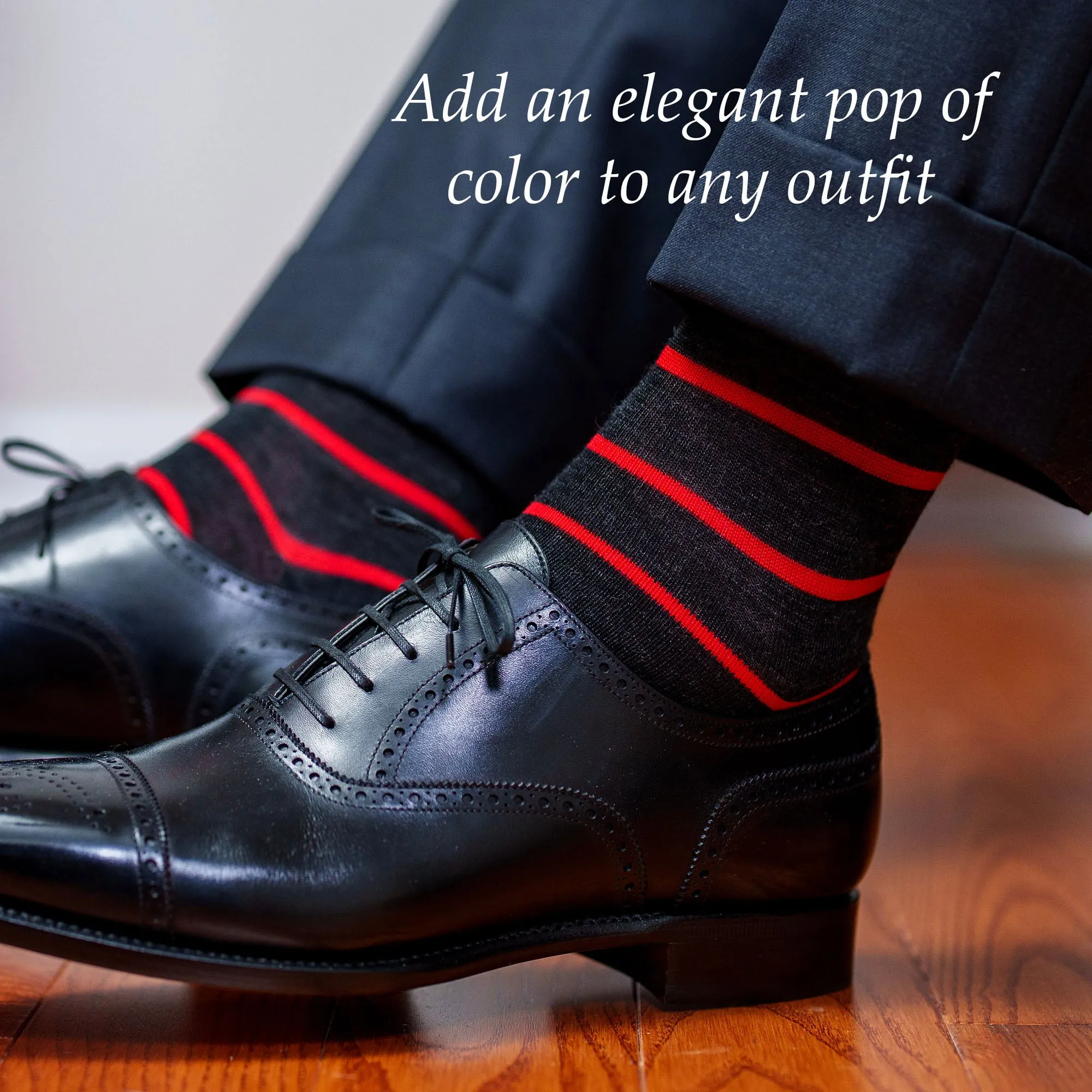 Red and Charcoal Striped Merino Wool Over the Calf Dress Socks