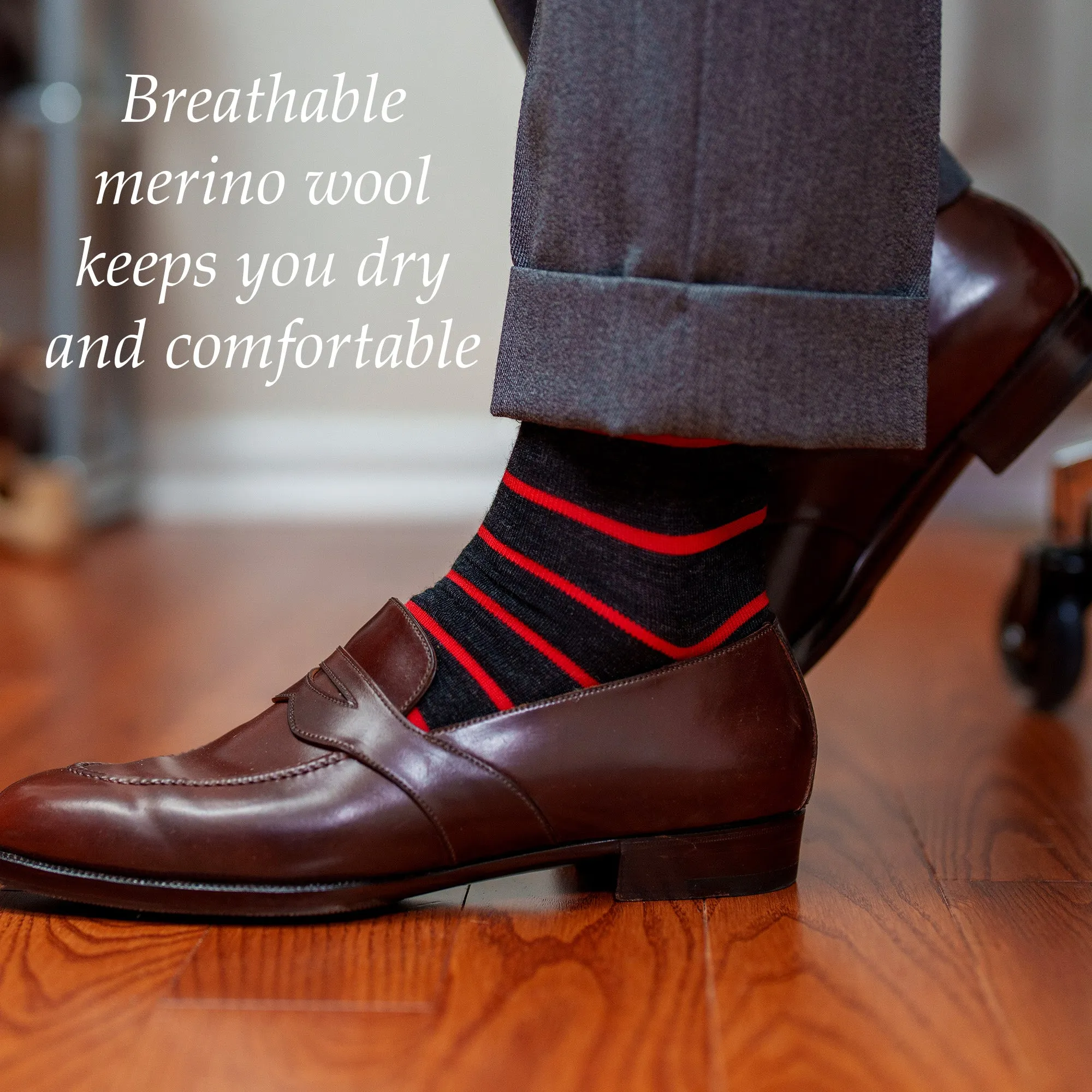 Red and Charcoal Striped Merino Wool Over the Calf Dress Socks