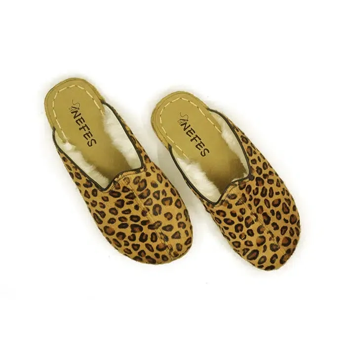 Sheepskin Yellow Leopard Print Women's Slippers