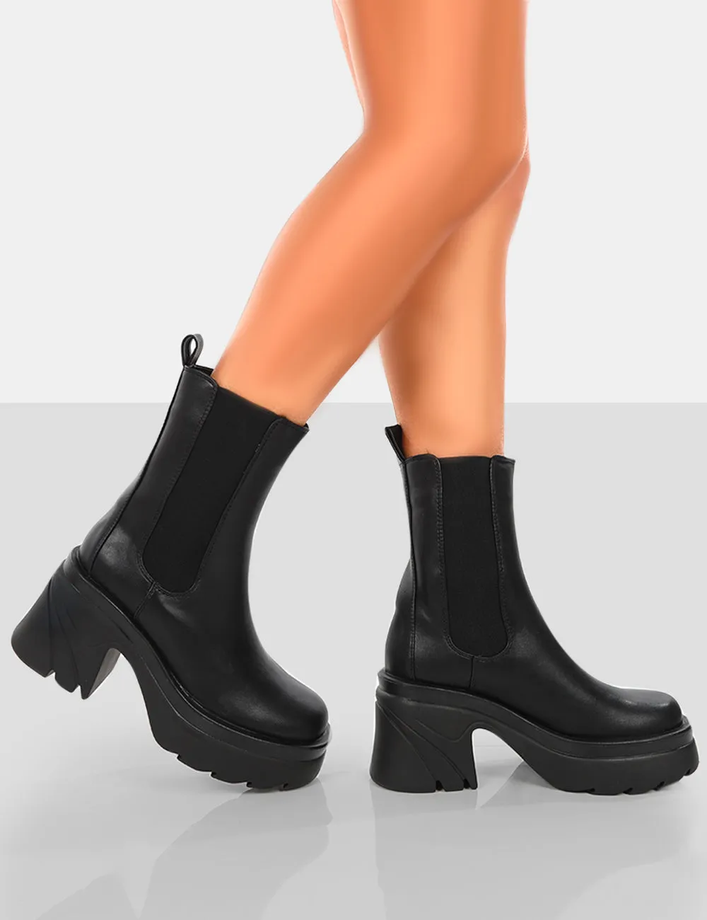 Step Up Black Drench PU Platform Chunky Sole Heeled Ankle Boots